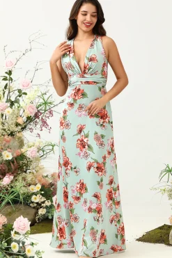 A Line V Pescoço Verde Estampado Vestido de Dama de Honra