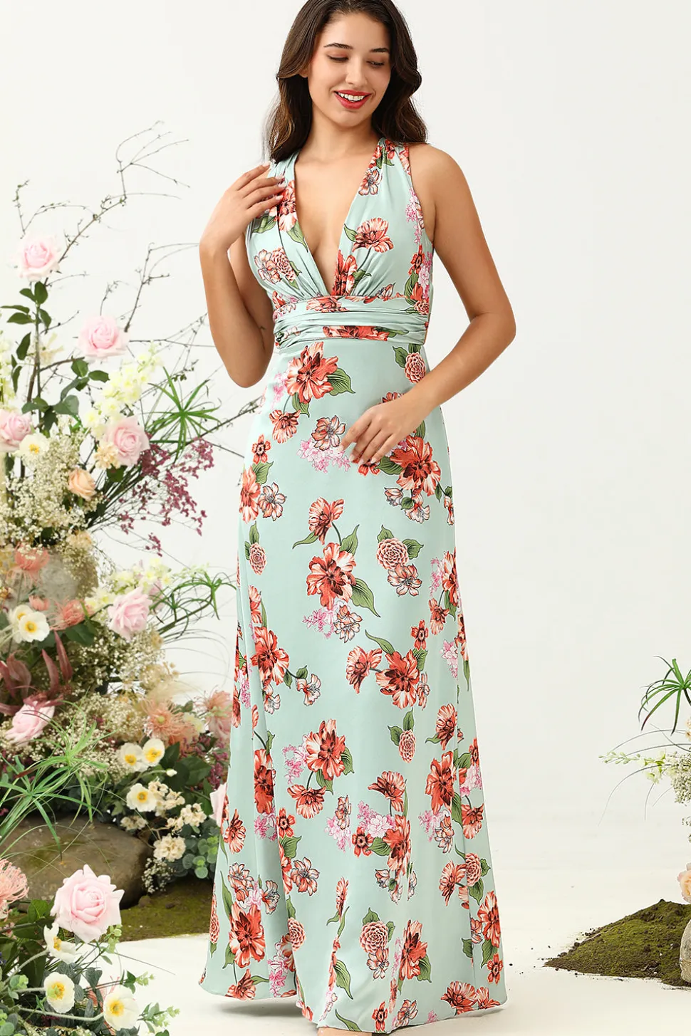 A Line V Pescoço Verde Estampado Vestido de Dama de Honra