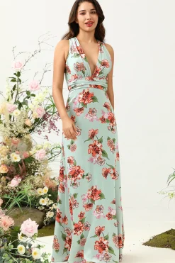 A Line V Pescoço Verde Estampado Vestido de Dama de Honra