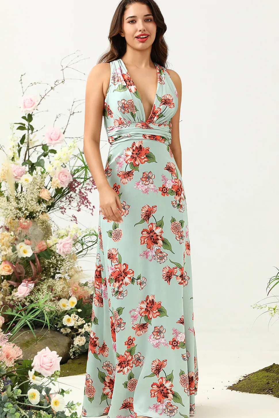 A Line V Pescoço Verde Estampado Vestido de Dama de Honra