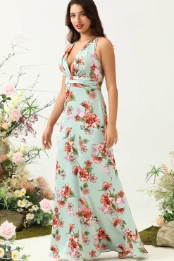A Line V Pescoço Verde Estampado Vestido de Dama de Honra
