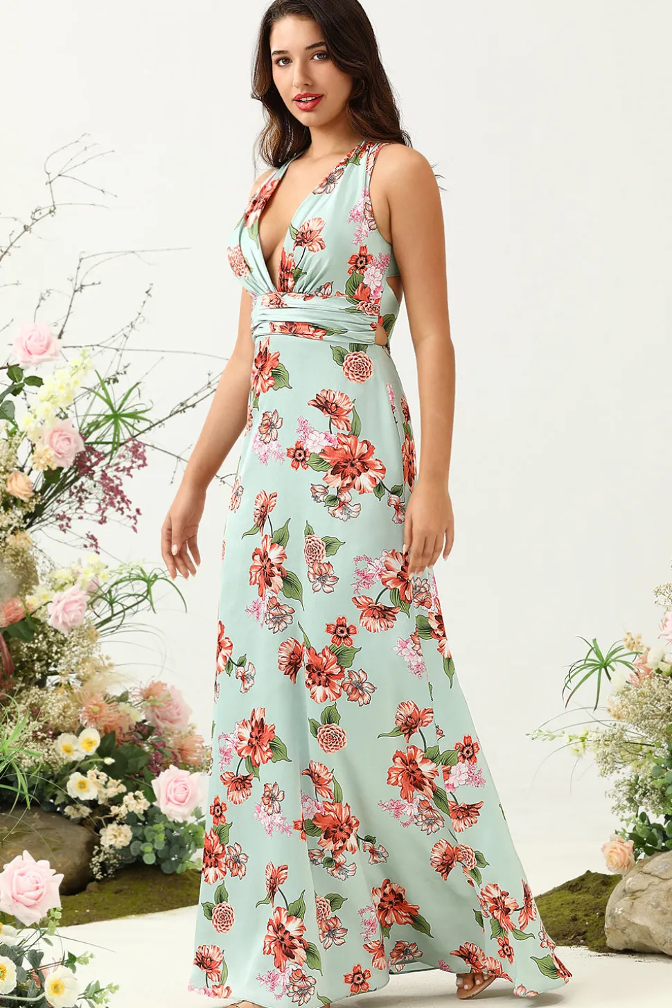 A Line V Pescoço Verde Estampado Vestido de Dama de Honra