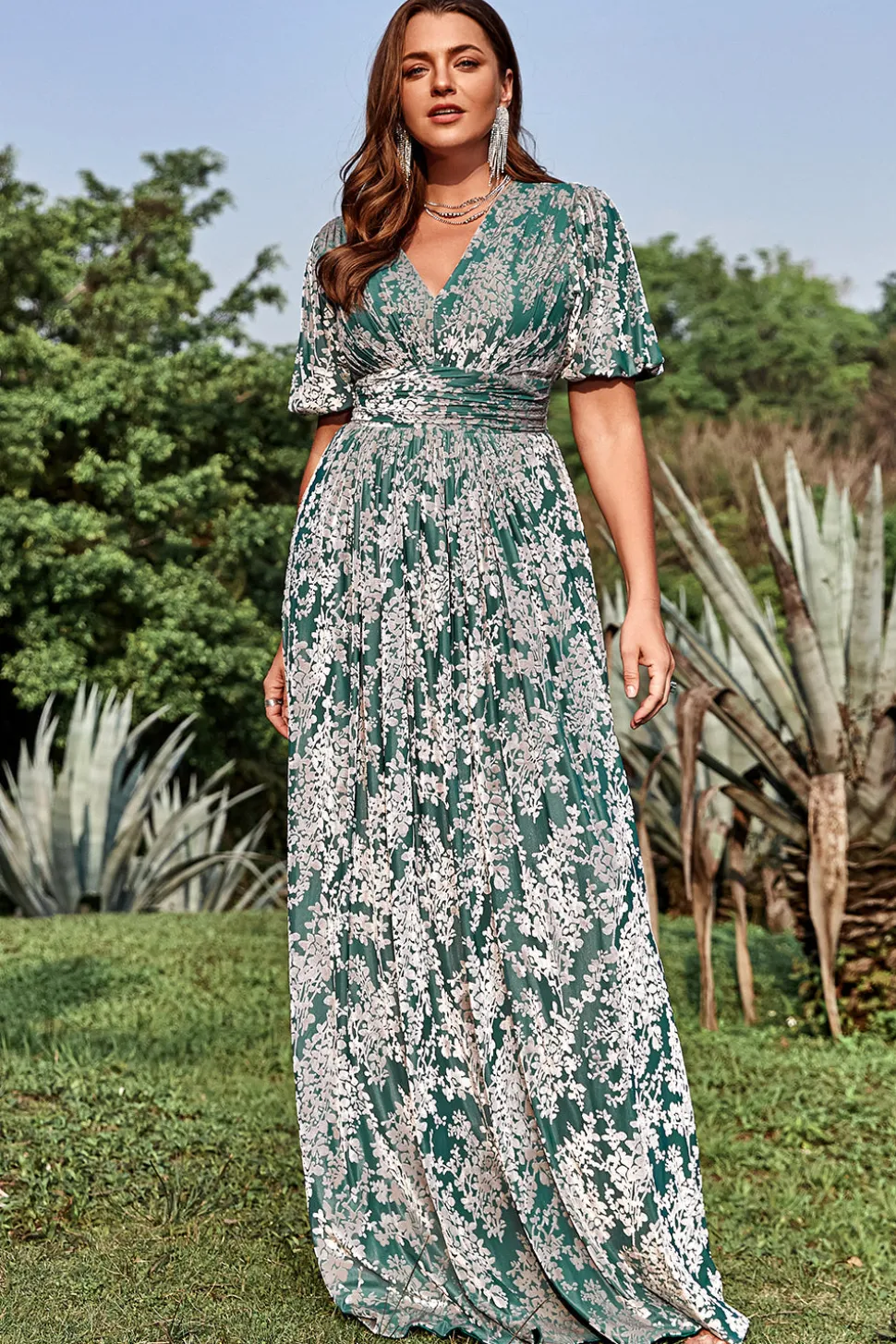 A Line V Pescoço Verde Vestido de Festa