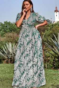 A Line V Pescoço Verde Vestido de Festa