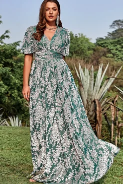 A Line V Pescoço Verde Vestido de Festa