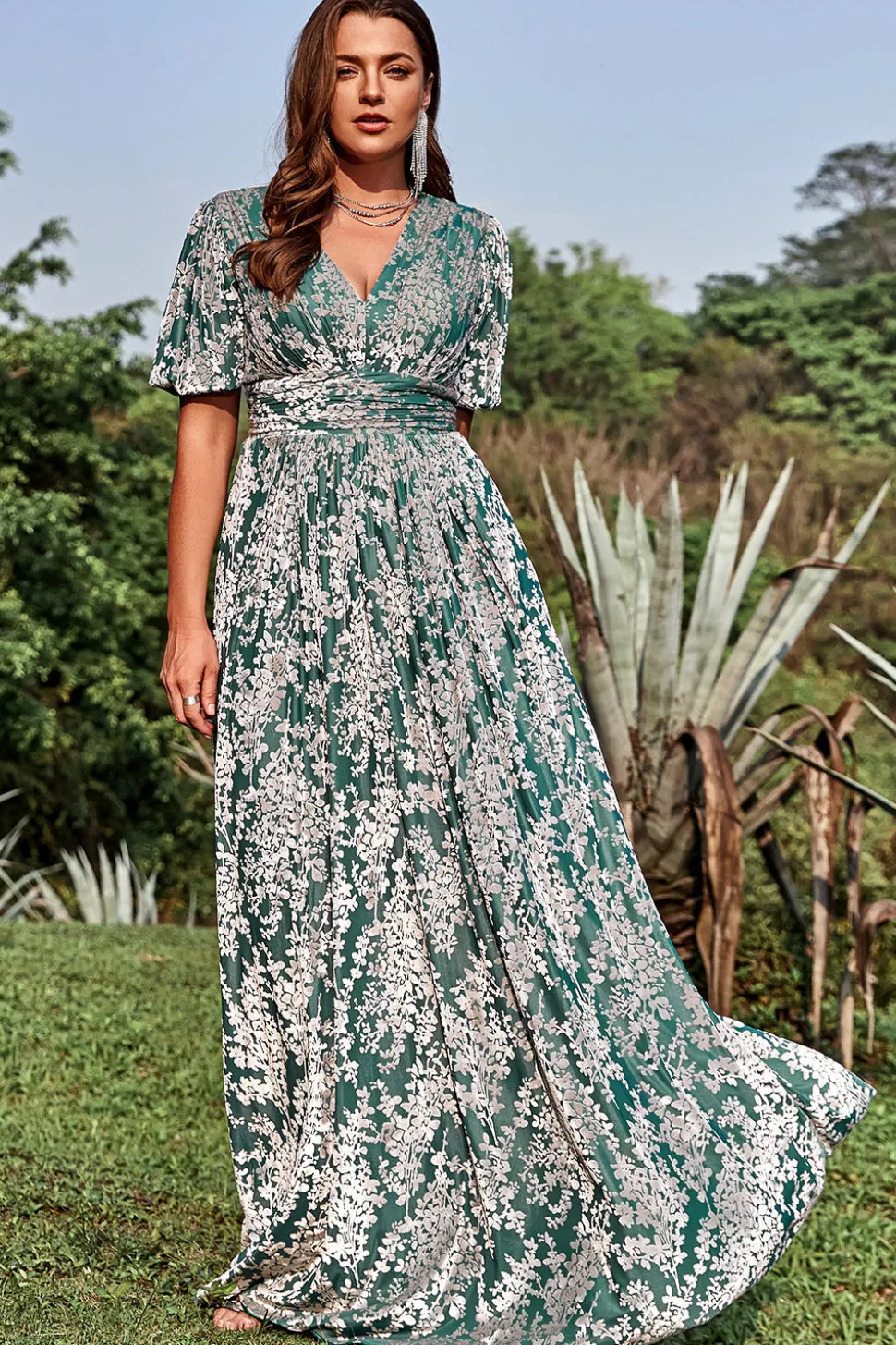 A Line V Pescoço Verde Vestido de Festa