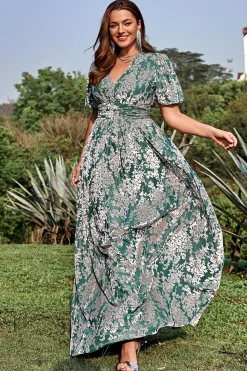 A Line V Pescoço Verde Vestido de Festa