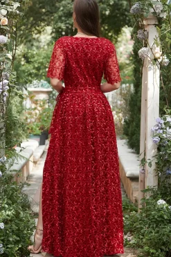 A Line V Pescoço Vermelho Vestido Dama de Honor com Bordado