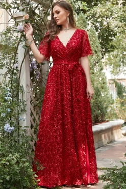 A Line V Pescoço Vermelho Vestido Dama de Honor com Bordado