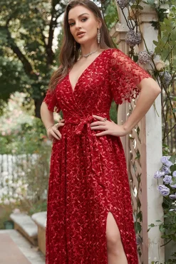 A Line V Pescoço Vermelho Vestido Dama de Honor com Bordado