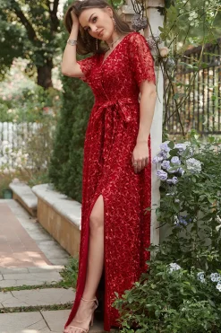 A Line V Pescoço Vermelho Vestido Dama de Honor com Bordado