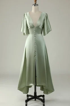 A Line V Pescoço Vestido de Dama de Honor Verde Meias Mangas