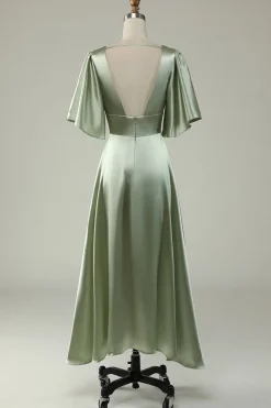 A Line V Pescoço Vestido de Dama de Honor Verde Meias Mangas