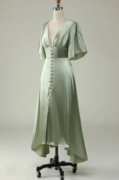 A Line V Pescoço Vestido de Dama de Honor Verde Meias Mangas