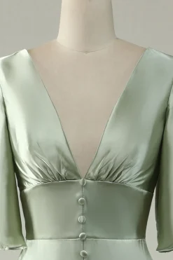 A Line V Pescoço Vestido de Dama de Honor Verde Meias Mangas