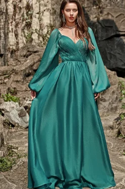 A Line Verde Escuro Vestido de Festa Mangas Compridas