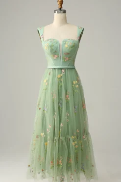 A Line Verde Vestido Cerimónia Tule