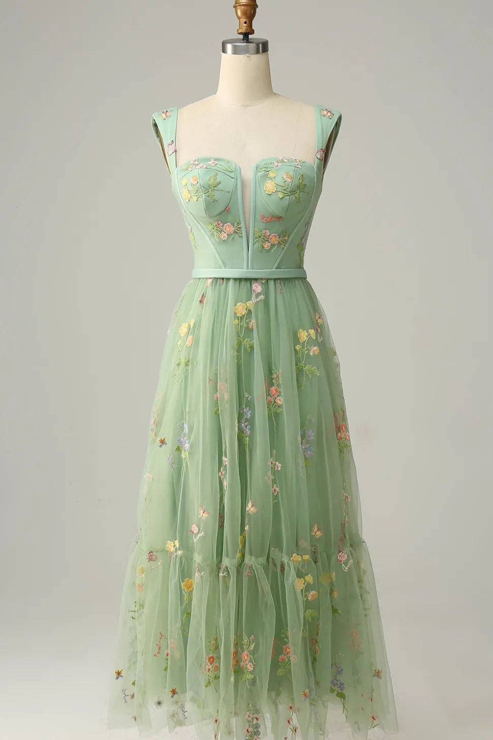 A Line Verde Vestido Cerimónia Tule