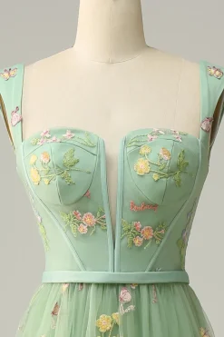 A Line Verde Vestido Cerimónia Tule