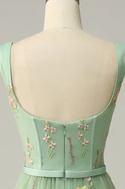 A Line Verde Vestido Cerimónia Tule