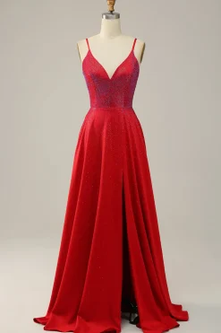 A Line Vermelho Cintas de Espaguete Vestido de Festa