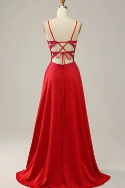 A Line Vermelho Cintas de Espaguete Vestido de Festa