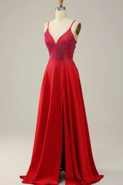 A Line Vermelho Cintas de Espaguete Vestido de Festa