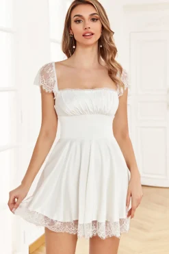 A Line Vestido de Cocktail Branco Pescoço Quadrado Renda
