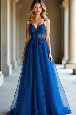 A Linha Azul Escuro Alças Esparguete Querida Vestido Longo Baile