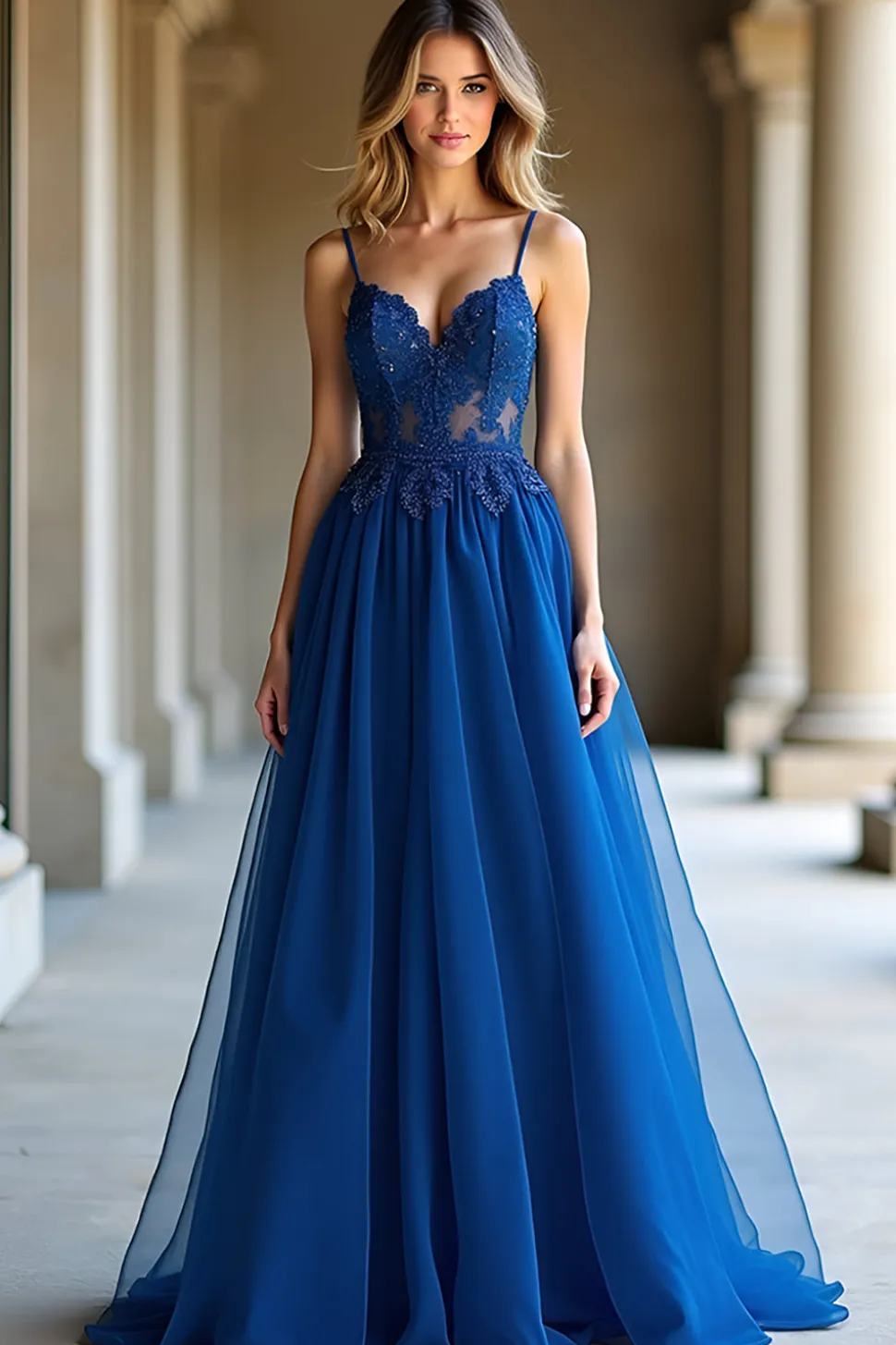 A Linha Azul Escuro Alças Esparguete Querida Vestido Longo Baile
