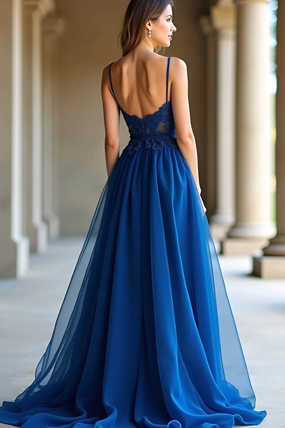 A Linha Azul Escuro Alças Esparguete Querida Vestido Longo Baile
