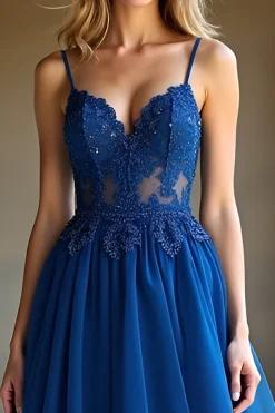 A Linha Azul Escuro Alças Esparguete Querida Vestido Longo Baile