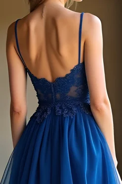A Linha Azul Escuro Alças Esparguete Querida Vestido Longo Baile