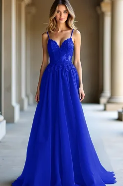 A Linha Azul Escuro Alças Esparguete Querida Vestido Longo Baile