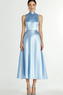 A Linha Azul Halter Neck Cetim Vestido Formal Longo
