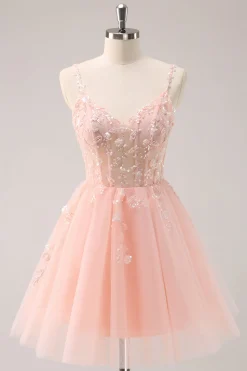 A Linha Blush Esparguete Correias Tulle Corset Sequins Homecoming Dress com Apliques