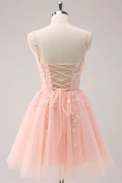 A Linha Blush Esparguete Correias Tulle Corset Sequins Homecoming Dress com Apliques