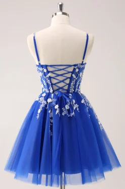 A Linha Blush Esparguete Correias Tulle Corset Sequins Homecoming Dress com Apliques