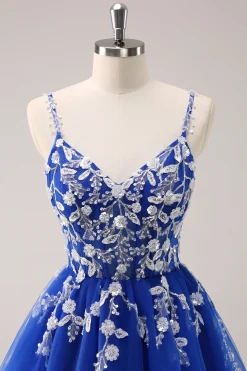 A Linha Blush Esparguete Correias Tulle Corset Sequins Homecoming Dress com Apliques