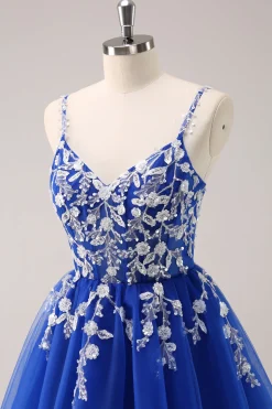 A Linha Blush Esparguete Correias Tulle Corset Sequins Homecoming Dress com Apliques