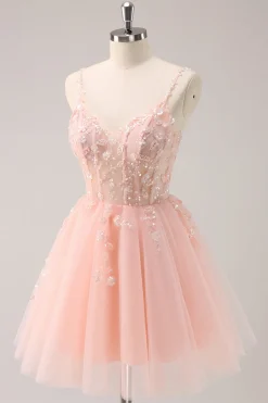 A Linha Blush Esparguete Correias Tulle Corset Sequins Homecoming Dress com Apliques