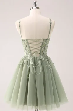 A Linha Blush Esparguete Correias Tulle Corset Sequins Homecoming Dress com Apliques