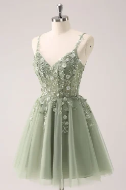 A Linha Blush Esparguete Correias Tulle Corset Sequins Homecoming Dress com Apliques