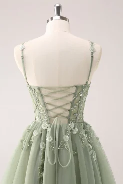 A Linha Blush Esparguete Correias Tulle Corset Sequins Homecoming Dress com Apliques