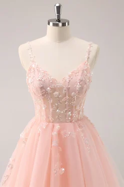 A Linha Blush Esparguete Correias Tulle Corset Sequins Homecoming Dress com Apliques