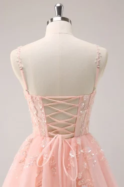 A Linha Blush Esparguete Correias Tulle Corset Sequins Homecoming Dress com Apliques