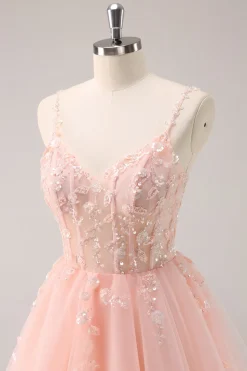 A Linha Blush Esparguete Correias Tulle Corset Sequins Homecoming Dress com Apliques