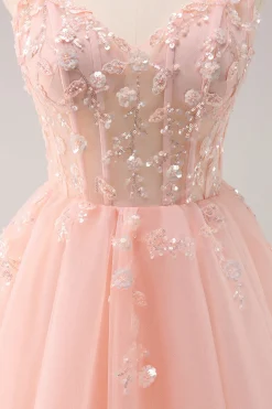 A Linha Blush Esparguete Correias Tulle Corset Sequins Homecoming Dress com Apliques