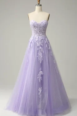 A Linha Cintas de Espaguete Roxo Vestido de Festa com Apliques