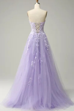 A Linha Cintas de Espaguete Roxo Vestido de Festa com Apliques
